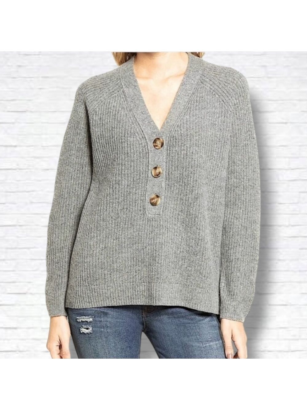 Madewell "Lyle" Grey Ribbed Henley Wool Blend Knit Boxy Fit Sweater Size S